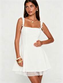 Women's Flower Embroidery Boho Mini Dress Backless Self-Tie Bowknot Square Neck Wide Straps Ruffle Mini Dresses Sleeveless Summer Vacation Short A-Line Dress - Ivory - View 2