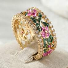 Women's Fashion Hollow Colorful Floral Ring, Inlaid With Synthetic Zirconia, Versatile For Party And Vacation - Gold - View 2