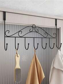 1 buc. cârlig de depozitare cu 7 cârlige pentru ușă, material metalic, raft de perete, suport pentru haine, suport pentru prosoape, suport de depozitare suspendat, cadru decorativ de perete, perfect pentru agățarea prosoapelor, hainelor, pălăriilor, poșetelor și halatelor de baie, decorațiuni interioare, depozitare mobilier - Negru - Vizualizare 3