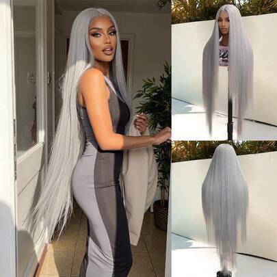 Super Long Silver Grey U Part Lace Wigs 42 Inch Long Hair Straight 4x2 U-Part Lace Wig Heat Resistant Fiber Glueless Pre-Plucked Natural Hairline Lace Wig For Fashion Women Upgrade Your Look/Confidence Boost/Perfect Gift