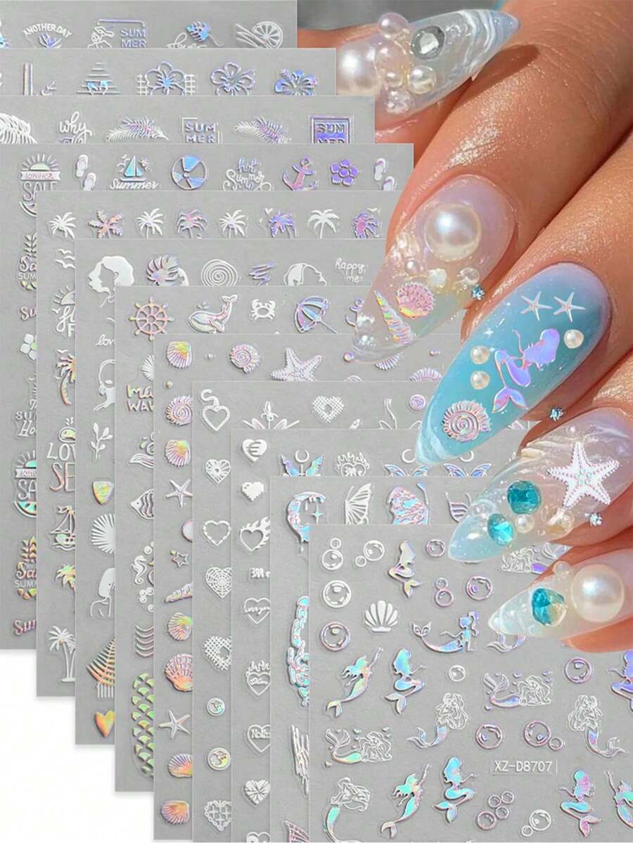 12片3D贝壳和海星美甲贴纸，白色和粉色海洋假日自粘DIY美甲贴纸 - 12张Y2K夏季海洋度假主题自粘贴纸滑块美甲装饰配件美甲用品