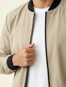 AHTELB Men's Spring/Autumn Jacket, Solid Color Long Sleeve Outerwear, College Style Campus Baseball Collar Jacket, Sports - Khaki - View 4