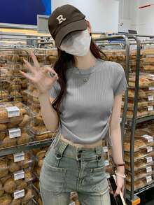 女士休闲日常通勤纯色抽绳褶皱短款罗纹针织上衣，夏季 - 灰色 - 查看 2
