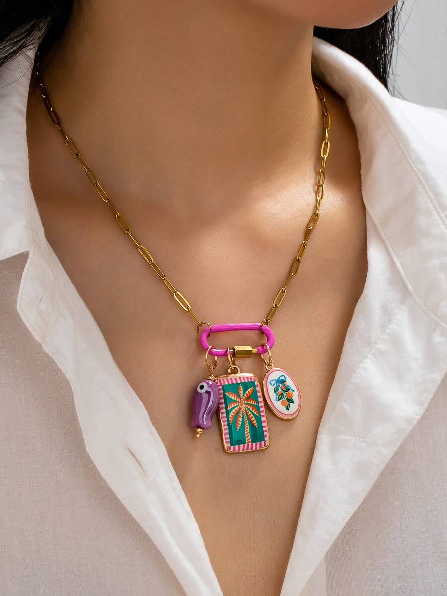 1 Dây chuyền thép không gỉ mạ vàng 18K với mặt dây chuyền hình cá và cây cọ, móc khóa tráng men, phụ kiện trang sức phong cách Boho dành cho nữ. - Dây chuyền mặt hình cây dừa - Xem 1