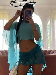 女士孔雀绿雪纺薄纱罩衫 - 轻盈飘逸的波西米亚风海滩度假泳池罩衫 - 薄荷藍 - 查看 2