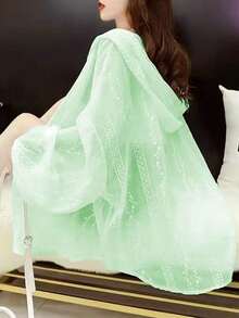 1件女款梅花刺繡連帽長袖襯衫，夏季薄款寬鬆外套，戶外防曬衣 - 綠色 - 查看 3