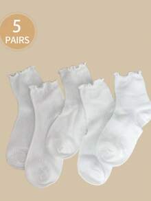5 Pairs Mid-Calf Socks, Pure White With Striped Ruffle Design, Suitable For Home, Travel, Vacation And All Seasons - White - View 5