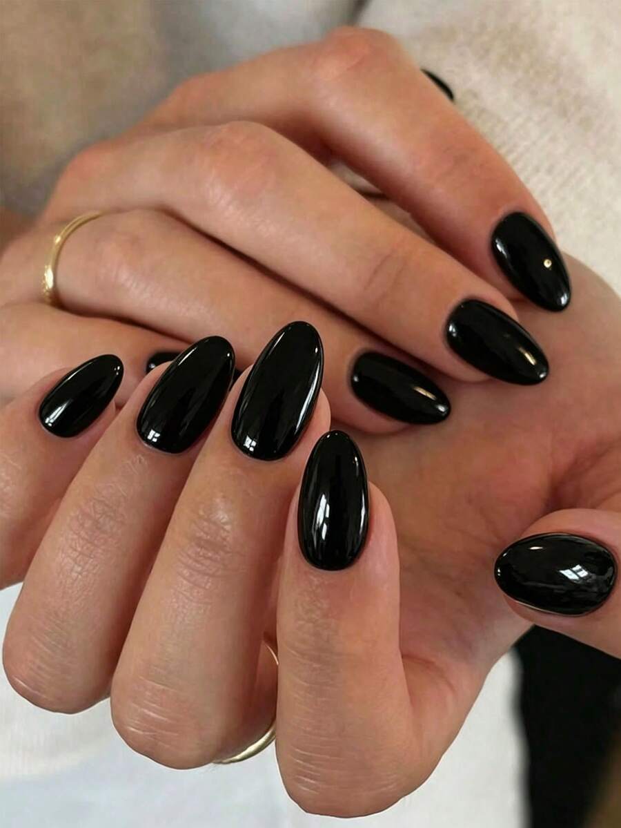 24pcs/Set Short Oval Soft Black Solid Color Minimalist Style Press-On Nails, Includes Gel Polish And Nail File, Suitable For Girls/Women For Daily Wear, Office, Afternoon Tea, Party - Black - View 1