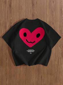 Camiseta de manga corta casual con estampado de corazón para hombre - Negro - Ver 2