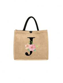 黃色亞麻帆布化妝包，印有「香檳玫瑰字母」圖案。這套黃色亞麻帆布托特包和化妝包包含一個字母印花購物袋和一個配套化妝包。可重複使用的購物袋或化妝收納袋。非常適合攜帶日常必需品、化妝品和辦公用品，適合日常出行、購物、婚禮派對、工作日和通勤。 - 彩色 - 查看 20