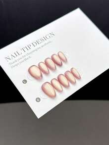 10 Pieces Pure Handmade Press On Nail Tips, Short Almond Shape Press On Fake Nails, Hand-Painted Gradient Bean Paste Pink And Nude Pink Glass Bead Cat Eye, Suitable For Daily Wear For Women And Girls, Comes With Complete Nail Kit - Multicolor - View 4