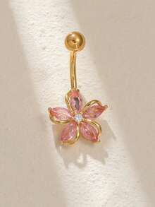 1 pieza Joya para piercing de ombligo con colgante de flor con circonita cúbica en tono dorado, anillo de ombligo de estilo Y2K para mujeres - Amarillo Oro - Ver 1