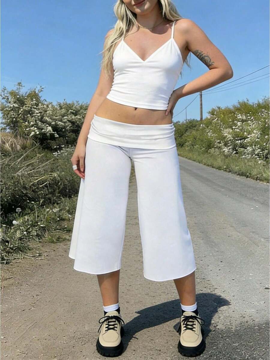 Women Fold Over Lounge Capris Casual Loose Fit Wide Leg Low Rise Cropped Flowy Gaucho Pants Comfy Yoga Coluttes Pajama Bottom - White - View 1