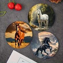 1/8/160pcs Horse Racing Pattern Wooden Coasters, 2D Printed Round Coasters For Patio, Kitchen, Living Room, Home Gatherings, Decorative Gifts For Friends & Family, Suitable For Valentine's Day, Mother's Day, Birthday, Wedding Party, Home Decor Accessories, Best Gift For Female Friends - Multicolor - View 4