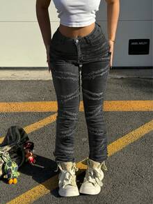 Y2K 90s Streetwear Slant Pocket High Stretch Distressed Frayed Patchwork Tassel Design Hip Hop Jeans, Suitable For Festivals, Holidays, Autumn, Women - Black Fried Flower - View 4