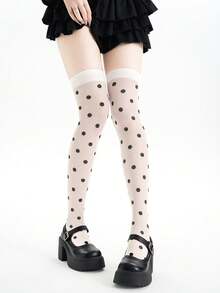 1 Pair White Polka Dot Thigh High Socks, Fashionable Sexy Stockings For Stylish Ladies, Spring/Summer - Multicolor - View 5