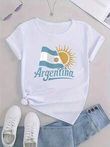 Argentina Flag And Map Print T-Shirt - 100% Lightweight Summer T-Shirt With Argentine National Symbols (Sun, Sunbeam, And Map Outline) - Casual White T-Shirt For Football Fans, Travel Souvenir Gift-X - White - View 3