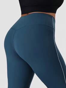 NcmRyu 1pc Women Plus Size Contrast Color Stripe Elastic Waist Skinny Sports Pants - Navy Blue - View 4