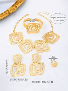 5pcs/Set Exaggerated Vintage Elegant Hammered Hollow Geometric Swirl Design Necklace, Earrings, Ring, Bracelet Jewelry Set, Suitable For Party, Banquet And Daily Wear - Yellow Gold - View 5