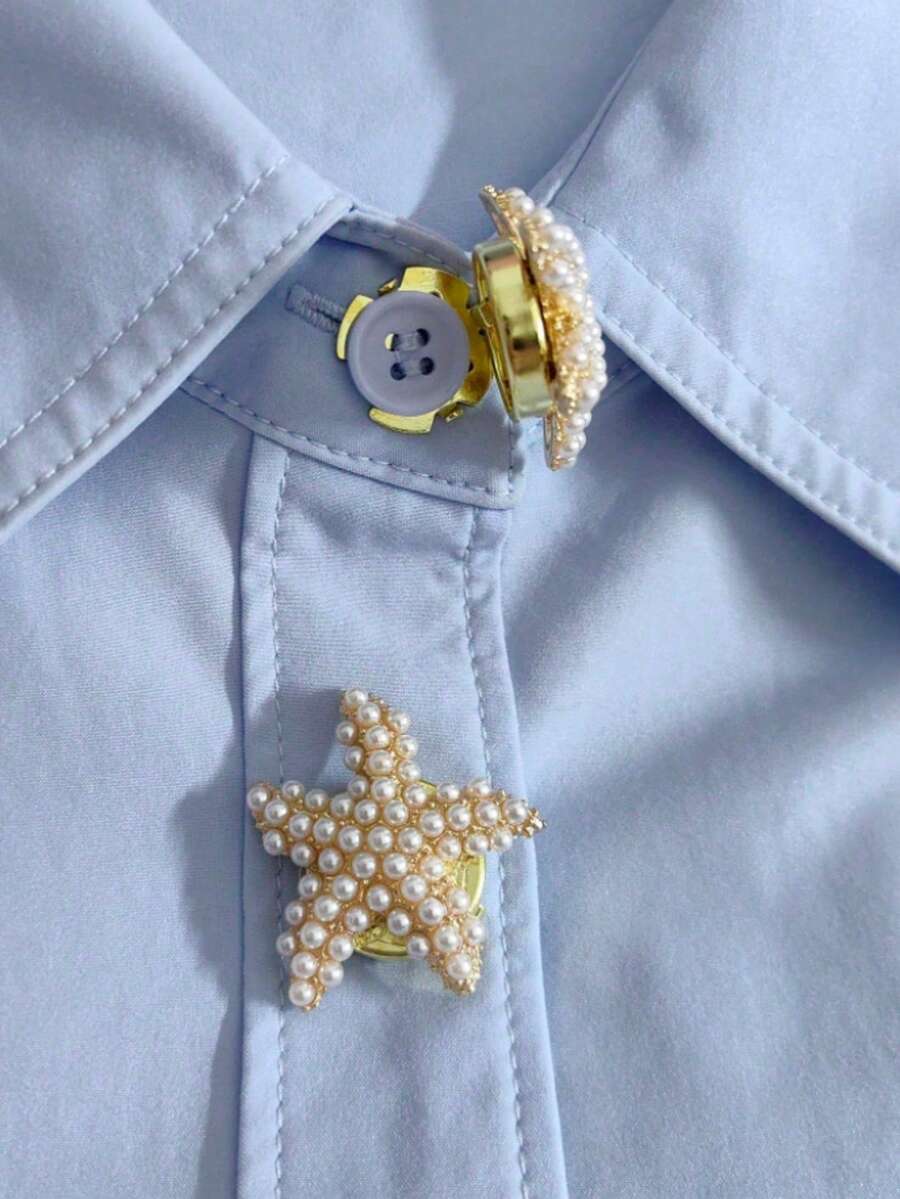 2个衬衫纽扣套,海星形袖扣套,花朵袖扣夹式纽扣,适用于连衣裙、婚礼礼服装饰纽扣,服装配饰礼品 - 金色 - 查看 1
