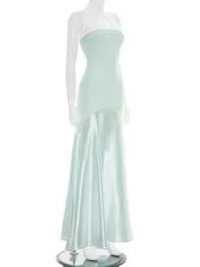 Vestido largo sirena sin tirantes con tul a la moda europeo y americano - Verde - Ver 6