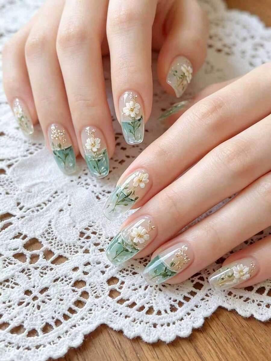 Bộ 24 miếng dán móng tay hình hoa trà xanh trong suốt, dài vừa phải, có thể tháo rời và tái sử dụng, tiện lợi cho sử dụng hàng ngày, dự tiệc, kỳ nghỉ, du lịch. - Màu xanh nhạt - Xem 1