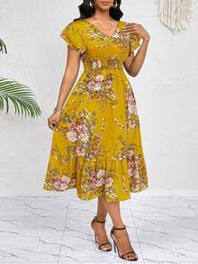Vestido midi estampado floral fresco para mujer, cuello cuadrado con volantes, plisados verticales en el torso y cinturón delantero.Silueta A holgada, elegante y casual, ideal para fiestas, cumpleaños y ocasiones especiales en cualquier estación. - Multicolor 2 - Ver 9
