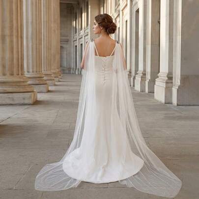 1 Pair Long Bridal Cape With Sparkling Crystal And Pearl Decor, Romantic Elegant Fashion Bridal Accessory