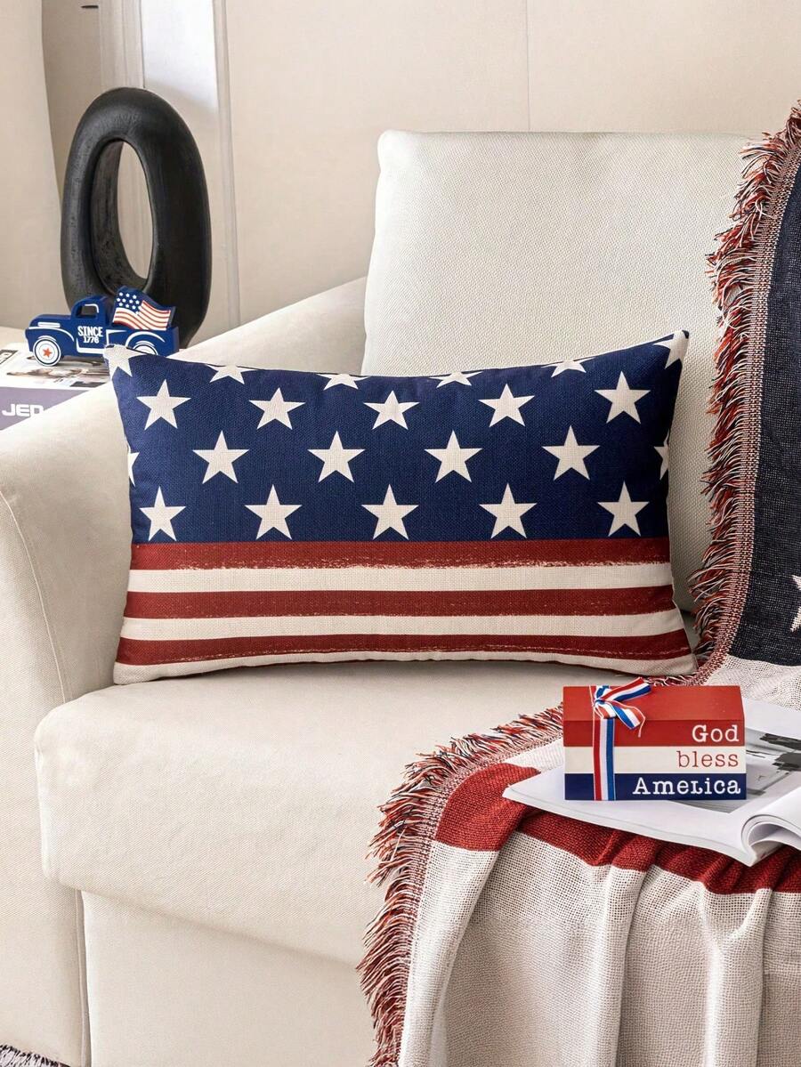 1pc Patriotic American Flag Linen Pillow Cover - 4th Of July Decorative Throw Cushion Case With Stars And Stripes Design, Zippered Closure, Machine Washable For Sofa, Couch, Or Bed (Single Side, No Insert - 1 st - Visa 1