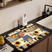 1pc Farmhouse Style Sunflower Pattern Absorbent Dish Drying Mat, Espresso Machine Countertop Absorbent Mat, Sink Drain Mat, Soft Faucet Absorbent Mat, Sink Cup Mat, Kitchen & Bathroom Accessories - Multicolor - View 3