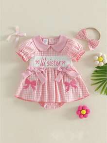 Infant Baby Girl Summer Plaid Bow Embroidered Short Sleeve Doll Collar Romper Dress With Headband 2 Piece Clothes Set - 粉色 - 查看 1