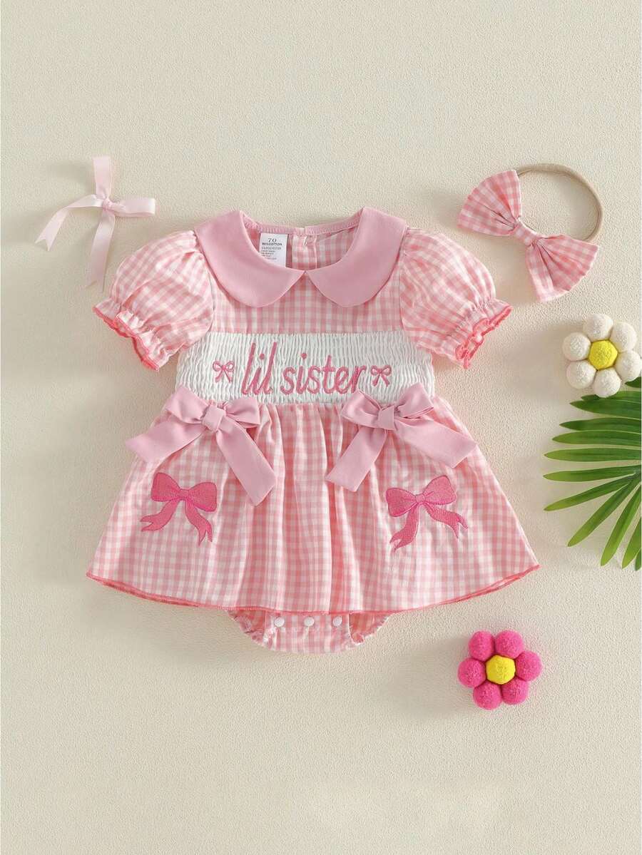 Infant Baby Girl Summer Plaid Bow Embroidered Short Sleeve Doll Collar Romper Dress With Headband 2 Piece Clothes Set - 粉色 - 查看 1
