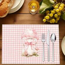1pc/4pcs/6pcs Pink Mushroom Pattern Linen Placemats, Suitable For Dining Table, All Season Decor, Modern Washable Table Mats, Room Decor, Coasters, Kitchen Dining Mats, Indoor Outdoor Party Decoration, Home Decor, Ideal Gift - Multicolor - View 4