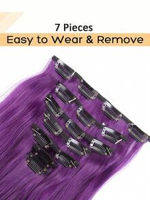 Extensiones de cabello ondulado de 20 pulgadas, 7 piezas/set, piezas de cabello con borde grueso, diseño de clip invisible, fibra sintética suave, color púrpura, solo para mujeres - Multicolor - Ver 3