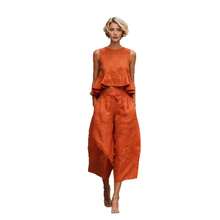 2026 New Summer Women Linen Blend Two Piece Set Ruffle Detail Casual Loose Beach Vacation Outfit - Màu cam đỏ - Xem 6