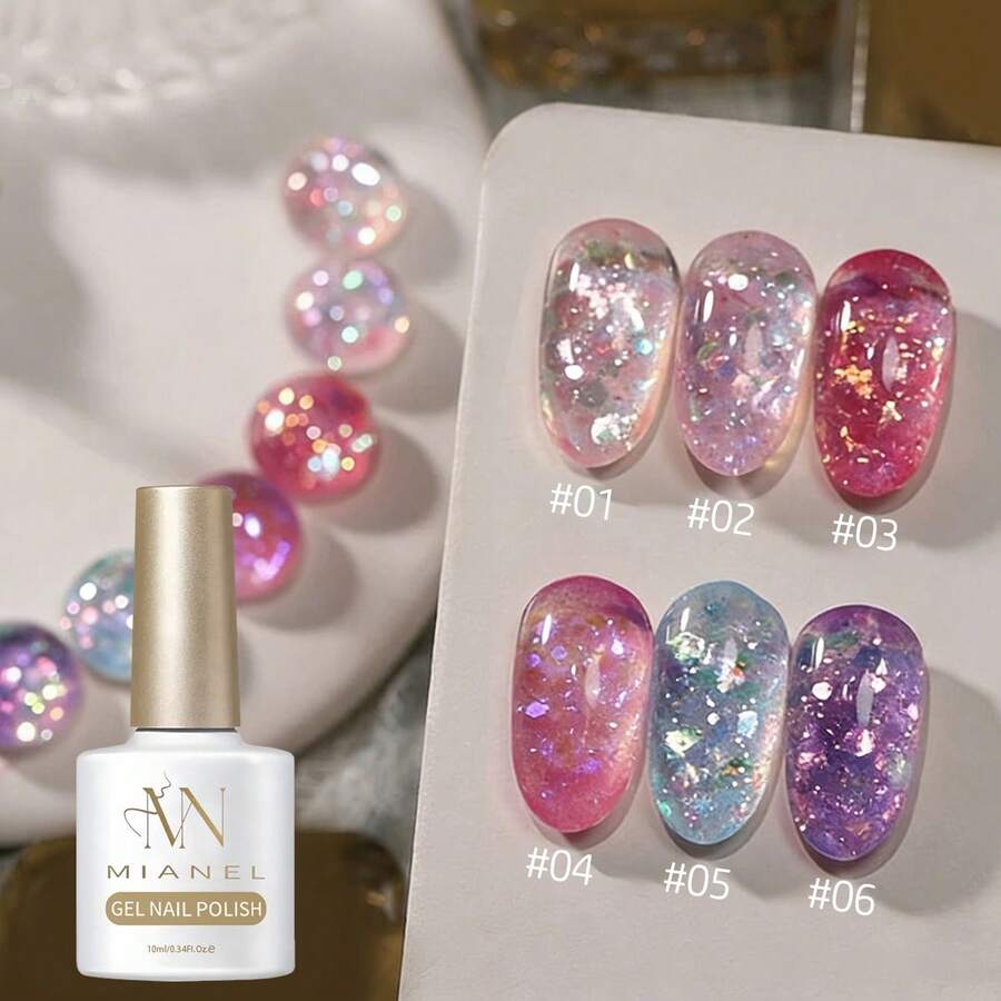 MISS MIANEL 10ml/Bottle Deer Horn-Like Nail Polish, Summer Manicure Pink Nails Glitter Powder, Brightening Shiny Asymmetrical Sequins Gel Nail Polish, 6 Colors Nail Art, Blue, Red, Purple, Cute Nails, UV Gel Nail Care Products