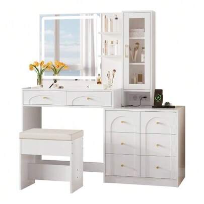 Large Dressing Table With Power Outlet, 8 Drawers & Stool – Modern Vanity Table With 2 Shelves & 1 Glass Cabinet, Plenty Of Storage Space For The Bedroom, White, 131.5x40x140 Cm