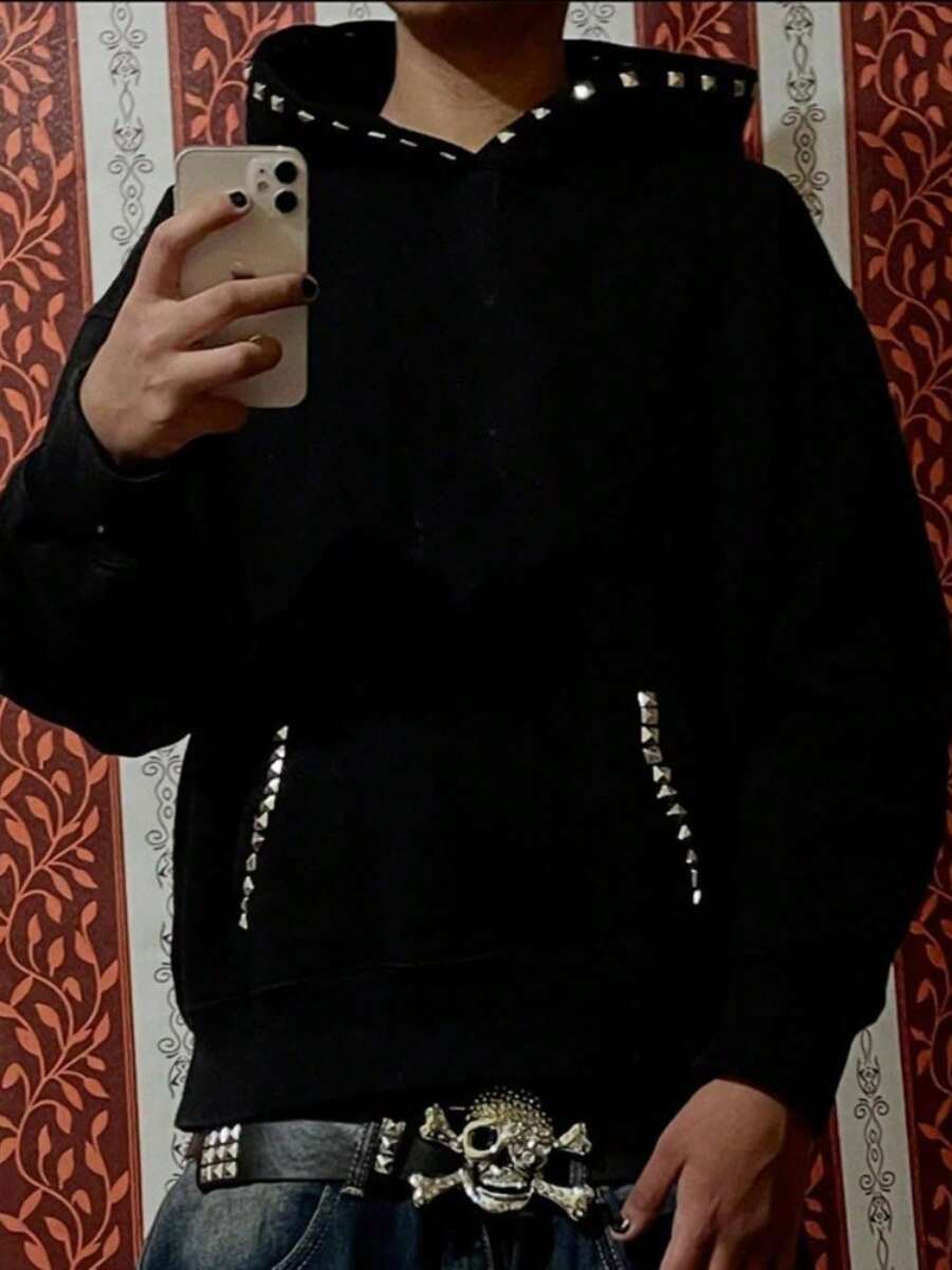 2026 Spring/Autumn Hooded Sports Sweater, Skull Print Hot Diamond Material Black Sweater, Punk Dark - Solid Color - View 1