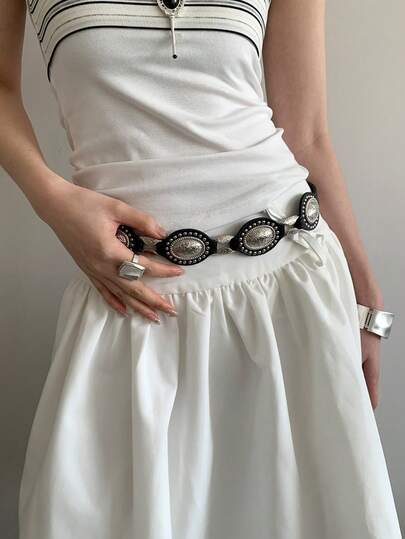 1pc Black PU Material Vintage Round Ring Splice Waist Belt For Women