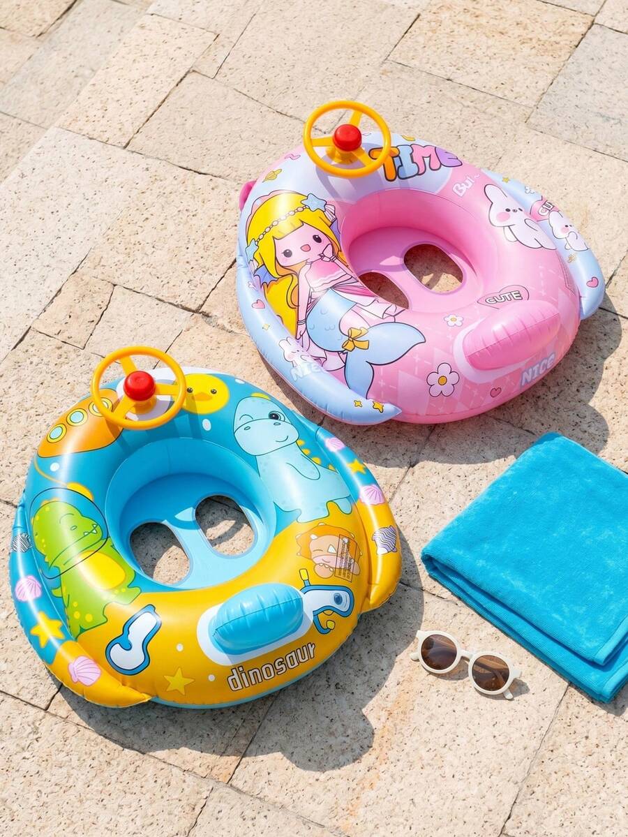 Flotador inflable con forma de volante de dibujos animados, asiento flotante antivuelco con diseño de sirena y dinosaurio, juguete de agua de PVC reforzado para la playa y la piscina en verano