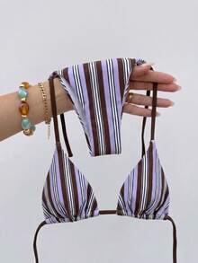 Conjunto de bikini de verano para mujer con top halter y rayas, sexy - Multicolor - Ver 1