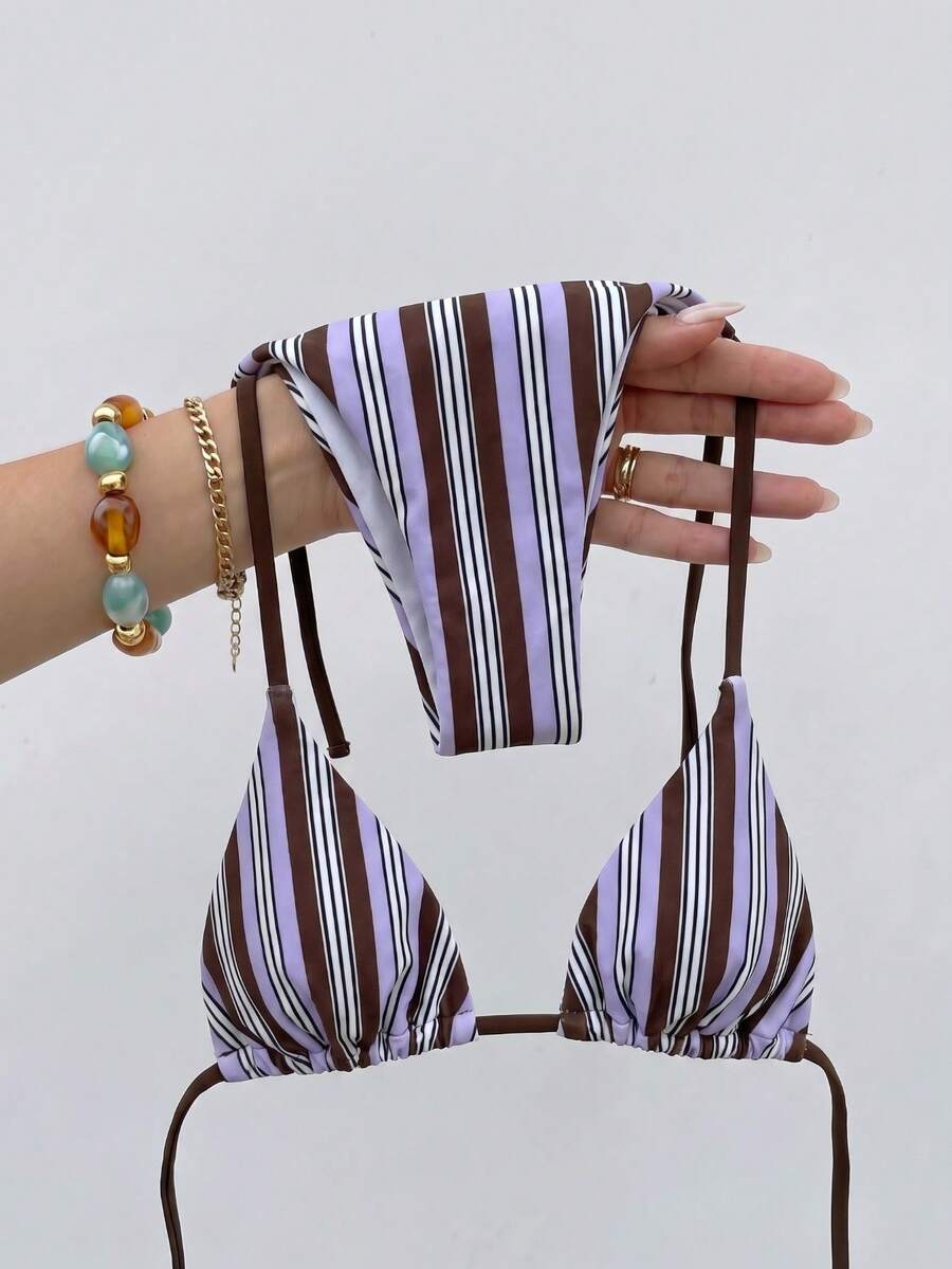 Conjunto de bikini de verano para mujer con top halter y rayas, sexy - Multicolor - Ver 1