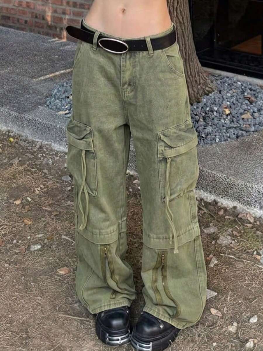 做旧复古水洗宽松拉链口袋牛仔裤
