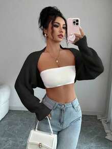 Bolero de punto para mujer, color blanco, manga larga holgada, ideal para combinar con tops y vestidos en primavera y verano - Negro - Ver 12
