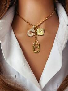 1pc Women's Pendant Necklace With 26 Alphabet Charms, Octagon Compass Charm And Soda Can Charm, Paired With Short Chain. Showcases Personalized, Stylish Design, Suitable For Daily Wear Or As A Gift - Gold - View 21