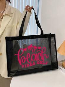 Black Mesh Tote Bag & Makeup Bag Set, With Beach Letter Print Design, Beach Bag, Hawaiian Style Transparent Organizer Bag Makeup Bag Travel Storage Bag, Makeup Bag Makeup Pouch Skincare Bag Toiletry Bag, Women's Beach Tote Bag, Canvas Bag Beach Accessories, Wedding Bridesmaid Gift, Mom Gift, Birthday Gift, Gift For Friends And Teachers, Home Decor, Bathroom Living Room Bedroom Decor, Jewelry Storage - Multicolor - View 13