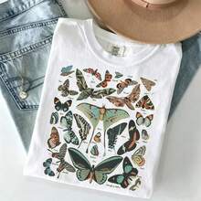100% Cotton Vintage Butterfly & Moth Shirt Cottagecore Aesthetic Tee, Nature Lover Gift Comfortable T-Shirt Unisex Women's & Men's Campus Daily Wear - 白色 - 查看 1