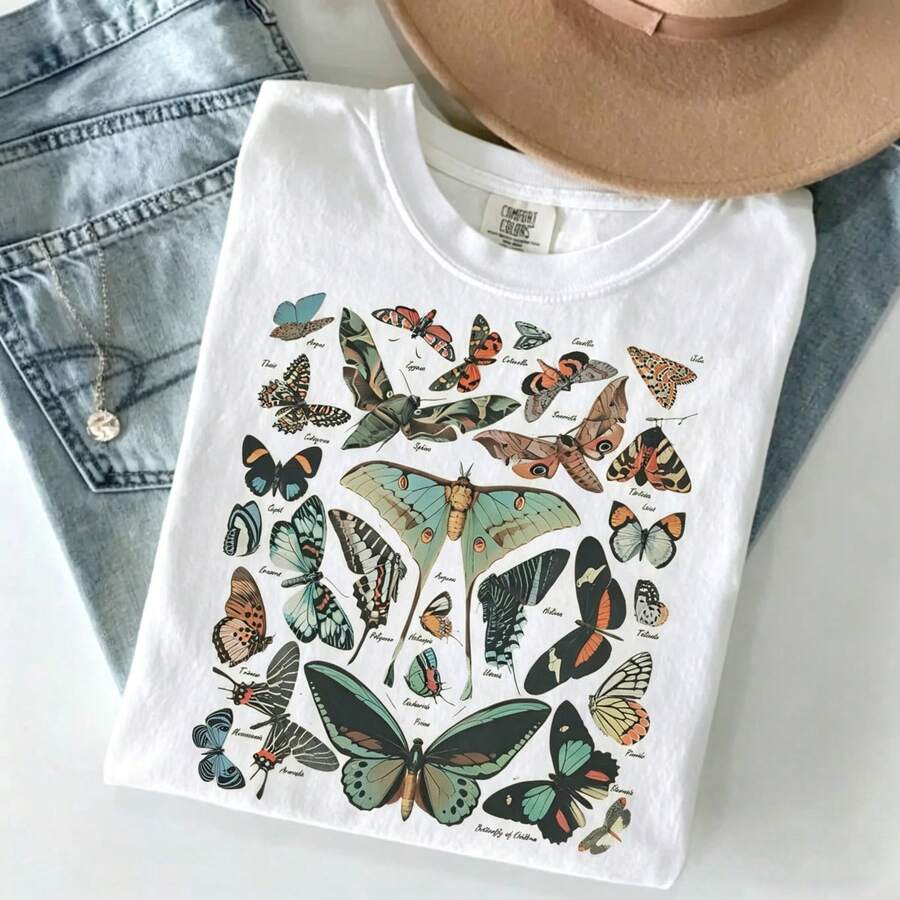 100% Cotton Vintage Butterfly & Moth Shirt Cottagecore Aesthetic Tee, Nature Lover Gift Comfortable T-Shirt Unisex Women's & Men's Campus Daily Wear - 白色 - 查看 1