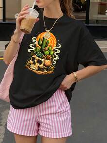 Camiseta Negra con Estampado de Calavera y Cactus para Mujer Verano Casual - Negro - Ver 1
