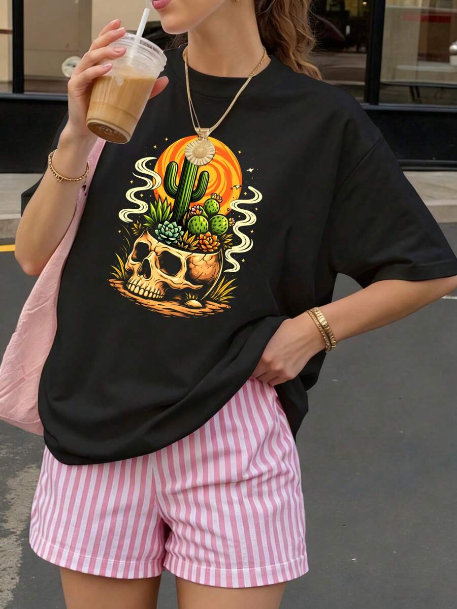 Camiseta Negra con Estampado de Calavera y Cactus para Mujer Verano Casual - Negro - Ver 1